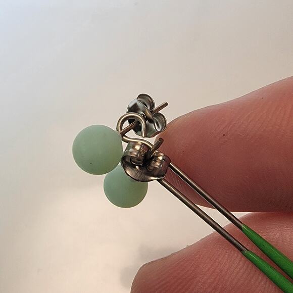 Mint Green Ceramic Barbell Earrings with Stainless Steel Posts, Minimalist - Picture 9 of 10